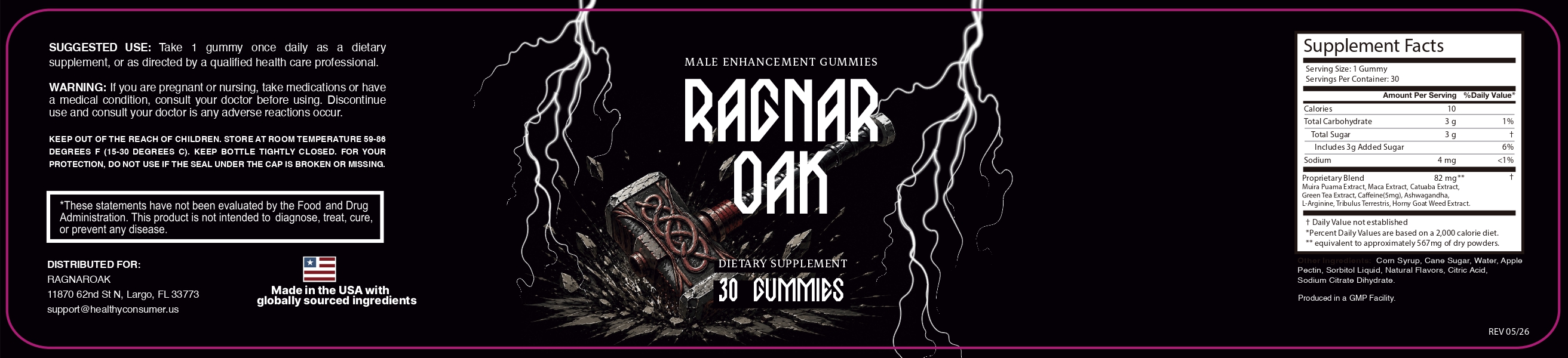 RagnarOak product label — supplement facts, suggested use, storage, and ingredient list